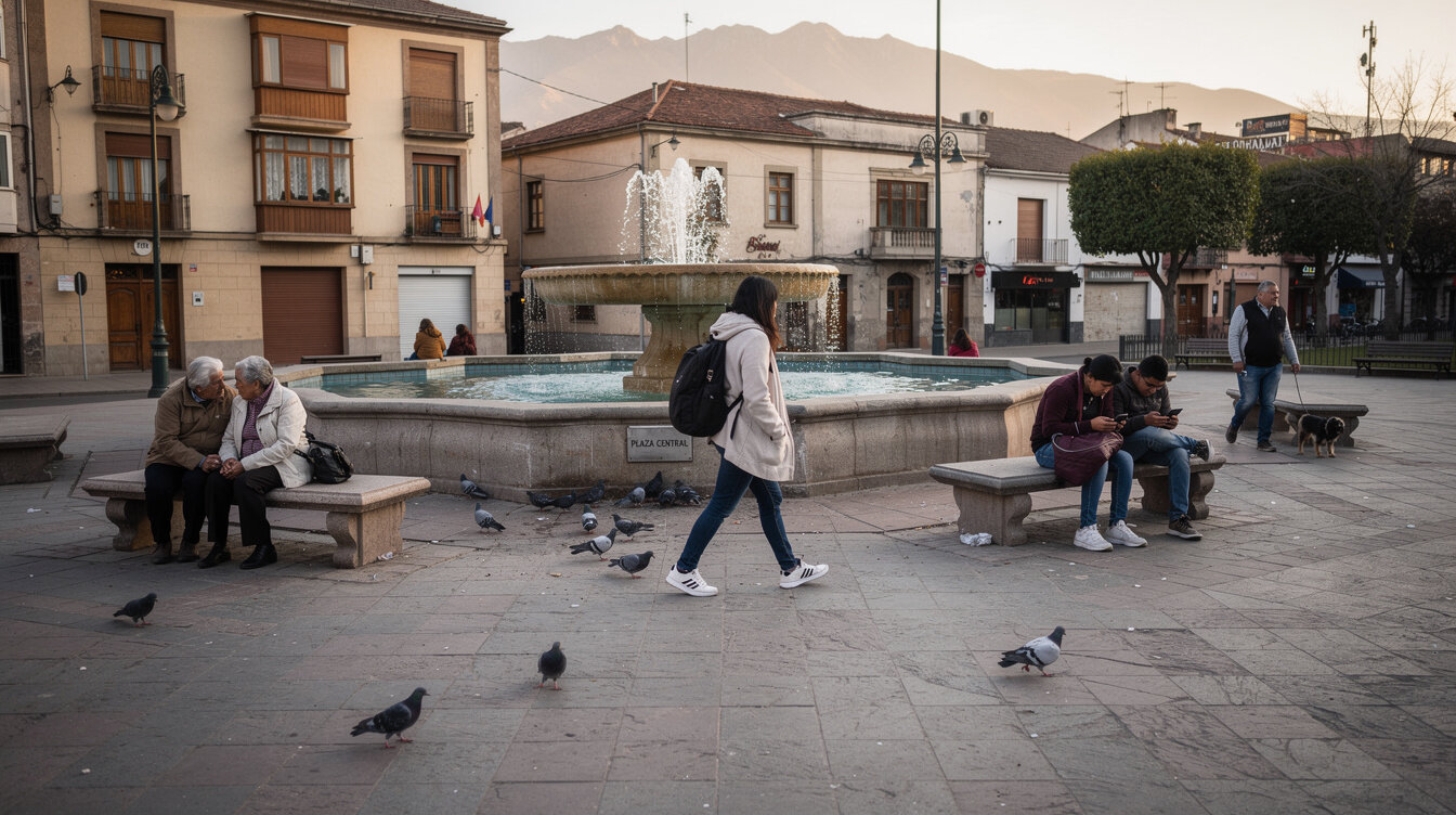 Public plaza with people sitting on benches