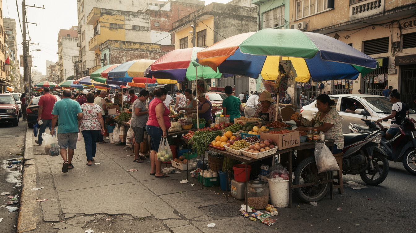 Street vendor stalls in a busy urban market